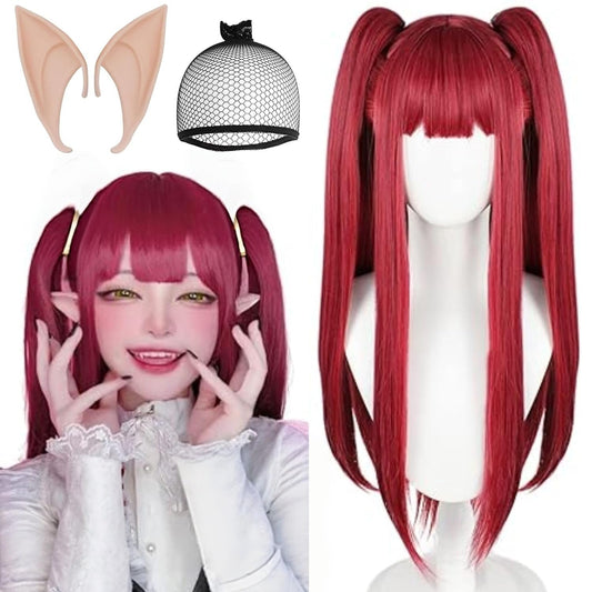 Long Wine Red Wig with Ponytails Straight Wig with Bang for Women