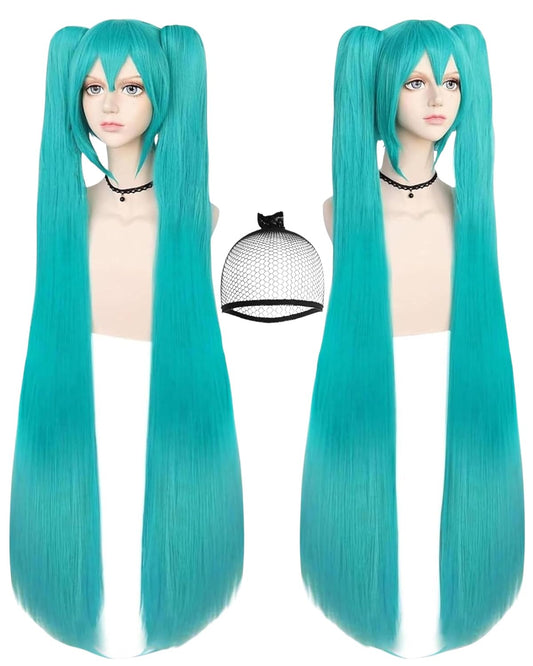 Long Green Ponytails Wig Teal Double Pigtails Wig Anime Cosplay