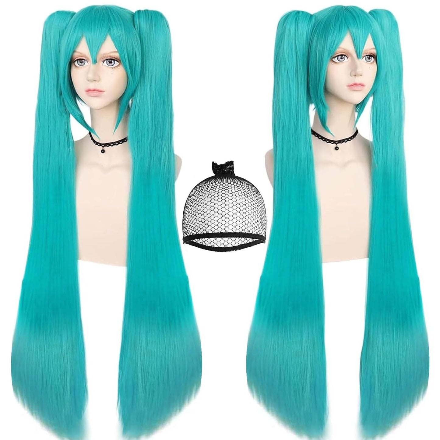 Long Green Ponytails Wig Teal Double Pigtails Wig Anime Cosplay