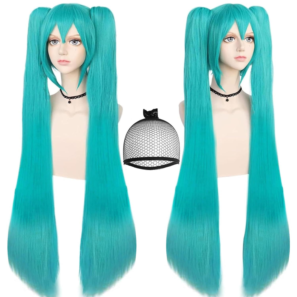 Long Green Ponytails Wig Teal Double Pigtails Wig Anime Cosplay