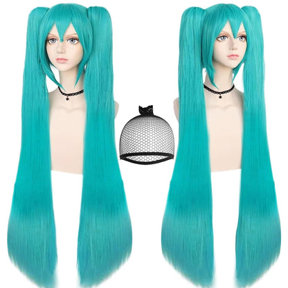 Long Green Ponytails Wig Teal Double Pigtails Wig Anime Cosplay